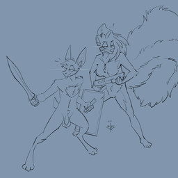 anthro balls bat_ears bat_tail breasts chest_tuft duo female fur genitals gun hair holding_object holding_ranged_weapon holding_weapon humanoid_genitalia humanoid_penis jewelry long_hair male melee_weapon necklace necklace_only nipples nude nude_anthro nude_female nude_male penis ponytail ranged_weapon shield shotgun simple_background skunk_tail sword tail tuft vulva weapon topazknight tebeel_(leinglo) turo_of_akesh bat desert_long-eared_bat jackie_clone mammal mephitid skunk wingless_bat digital_media_(artwork) hi_res sketch