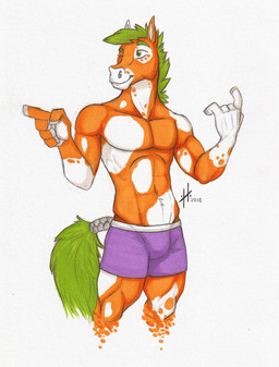 anthro athletic athletic_anthro athletic_male bottomwear bulge clothed clothing fur glistening glistening_eyes green_eyes green_hair green_tail hair male male_anthro mouth_closed navel one_eye_closed orange_body orange_fur purple_bottomwear purple_clothing simple_background solo standing tail topless white_background white_body white_fur hufnaar equid equine horse mammal 2018 dated hi_res portrait sketch three-quarter_portrait