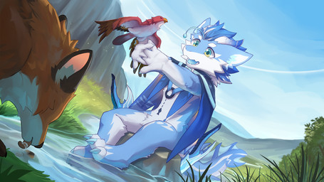 ambiguous_feral ambiguous_gender anthro blue_body blue_cape blue_clothing blue_eyes blue_fur blue_hair blue_sky blue_tongue cape cheek_tuft clothing day drinking facial_tuft fangs feathers feral fur green_eyes group hair male male_anthro multicolored_eyes open_mouth orange_body orange_fur outside red_body red_feathers red_wings short_hair sitting sky teeth tongue trio tuft two_tone_eyes water white_body white_feathers white_fur white_wings wings young young_anthro young_male kuttoyaki mythology avian canid canine dragon fox furred_dragon furred_scalie mammal mythological_creature mythological_scalie scalie 16:9 hi_res widescreen