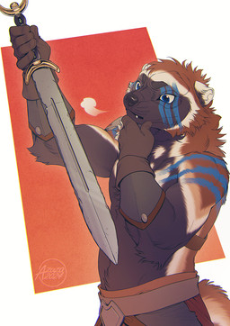 anthro blue_eyes blue_markings brown_body brown_fur cheek_tuft clothed clothing facial_tuft fangs fur glistening glistening_eyes gloves handwear head_tuft holding_melee_weapon holding_object holding_sword holding_weapon male markings melee_weapon mouth_closed neck_tuft solo standing sword teeth text topless tuft weapon azuza lokshan gulonine mammal mustelid musteline wolverine 2024 artist_name dated half-length_portrait hi_res portrait