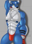 abs anthro blue_body blue_fur bodily_fluids bulge clothed clothing fur gloves hands_behind_back handwear looking_at_viewer male multicolored_body multicolored_fur muscular muscular_anthro muscular_male nipples nude pose simple_background smile solo underwear white_body white_fur klr-rio bandai_namco digimon canid canine canis digimon_(species) gaogamon mammal hi_res