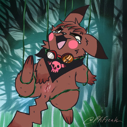 3_toes 4_fingers anus bdsm big_ears black_sclera blush bodily_fluids body_blush bondage bound brown_body brown_fur brown_hair clothed clothing eyewear feet female feral fingers forest forest_background fur genital_fluids genitals goggles hair helpless kerchief looking_aside midair mostly_nude neckerchief neckwear open_mouth open_smile pantsless pantsless_female plant restrained smile solo suspension suspension_bondage tail tears toes tree vaginal_fluids vine_bondage vines vulva vulva_blush pkfreak nintendo pokemon generation_1_pokemon pikachu pokemon_(species) 1:1