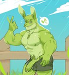 5_fingers abs anthro ball_bulge balls black_eyes black_nose bottomwear bulge clothed clothing clothing_bulge cloud dialogue erection fence fingers foreskin front_view fur genital_outline genitals gesture gesturing_at_viewer glans grass green_body green_foreskin green_fur green_glans green_hair green_nipples green_penis green_skin grin grinning_at_viewer hair hand_in_pants humanoid_genitalia humanoid_penis inviting inviting_over male mature_male motion_lines muscular muscular_anthro muscular_arms muscular_male musical_note musical_symbol nipples outside pants partially_retracted_foreskin penis plant pubes pulling_down_pants scruffy shorts sky smile smiling_at_viewer solo standing symbol teeth throbbing throbbing_penis topless topless_anthro topless_male tuft vein veiny_penis fungirussy lagomorph leporid mammal rabbit 2023 hi_res