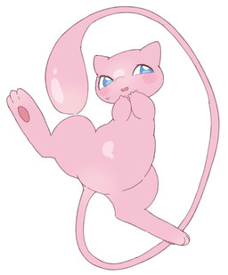 3_fingers ambiguous_gender blue_eyes blush blush_lines blush_stickers bodily_fluids featureless_crotch feet feral fingers floating hindpaw long_tail open_mouth paws pink_body pink_tail simple_background solo sweat sweatdrop tail thick_thighs white_background white_sclera yakiniku628 nintendo pokemon generation_1_pokemon legendary_pokemon mew_(pokemon) pokemon_(species) 2026 colored hi_res