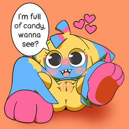 anthro anus blush blush_lines body_blush feet female foot_focus genitals heart_symbol holding_legs_up looking_at_viewer lying on_back open_mouth pinata smile soles solo speech_bubble teeth text vulva vulva_blush lucky_luxio blushcrunch_studio dandy's_world roblox yatta_(dandy's_world) animate_inanimate living_pinata 1:1 2026 colored digital_drawing_(artwork) digital_media_(artwork) shaded