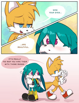 anthro blush clothing duo embarrassed flirting floppy_ears footwear fur gloves handwear male male/male shoes squinted_eyes tail walking_away wide_eyed young young_anthro squorkalart idw_publishing sega sonic_the_hedgehog_(comics) sonic_the_hedgehog_(idw) sonic_the_hedgehog_(series) kitsunami_the_fennec miles_prower canid canine canis domestic_dog fennec_fox fox hybrid mammal true_fox hi_res