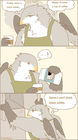 3_panel_comic ambiguous_gender anthro apron apron_only athletic athletic_ambiguous athletic_anthro beak biped black_wings cabinet clothing container cup exclamation_point feathers front_view grey_body grey_feathers half-closed_eyes inner_monologue milk_carton milk_container narrowed_eyes red_eyes side_view solo surprised text thinking thought_bubble three_row_layout tired white_body white_feathers wings lovebuffpg45 2024 artist_name comic digital_drawing_(artwork) digital_media_(artwork) english_text hi_res