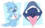 anthro beak blue_body blue_feathers breasts clothed clothing feathers female gaping_mouth midriff mouth_shot open_mouth simple_background solo teeth tongue tongue_out uvula lecigzz twitter x_(social_media) x_corporation tweetfur avian bird 2023 digital_media_(artwork) meme