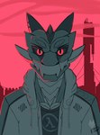 anthro clothing jacket lambda looking_at_viewer male pink_sky relaxed_expression shirt sky t-shirt topwear kodiak3d half-life half-life_2 mythology valve citadel vendragon dragon mythological_creature mythological_scalie scalie