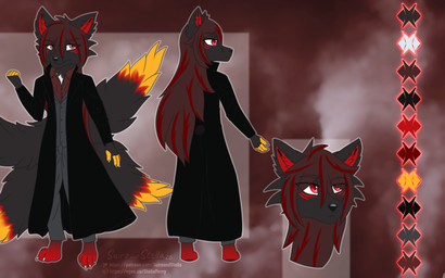 4_tails 4_toes 5_fingers angry black_body black_fur claws clothed clothing evil_face feet female fingers fluffy formal_clothing formal_wear fur fur_markings hair handpaw long_coat long_hair looking_at_viewer looking_away markings multi_tail palette paws red_body red_eyes red_fur red_hair shirt simple_background slacks slim solo suit tail toes topwear vest white_body white_fur yellow_body yellow_fur stellaamoris adhara_(stellaamoris) canid canine fox mammal 16:10 absurd_res digital_media_(artwork) digital_painting_(artwork) hi_res model_sheet painting_(artwork) widescreen