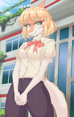 anthro blonde_hair bone_frill bottomwear bow_tie breasts clothed clothed_anthro clothed_female clothing collared_shirt day detailed_background dress_shirt eyebrow_through_hair eyebrows eyewear female fingers frill_(anatomy) front_view glasses green_eyes grey_bottomwear grey_clothing grey_pants hair humanoid_hands leaf long_tail looking_at_viewer looking_down low-angle_view medium_breasts medium_hair multicolored_body non-mammal_breasts orange_body outside pants plant red_bow_tie shirt smile solo spiked_tail spikes spikes_(anatomy) standing tail text topwear translucent translucent_hair two_tone_body vines white_body white_clothing white_shirt white_topwear i_am_indistress goodbye_volcano_high ko_op_(game_developer) naomi_(gvh) dinosaur hadrosaurid ornithischian ornithopod parasaurolophus prehistoric_species reptile scalie absurd_res artist_name colored hi_res portrait shaded three-quarter_portrait