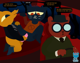 3_fingers accessory animal_genitalia animal_penis anthro balls blue_body blue_fur boots bottomless brown_body brown_fur canine_genitalia canine_penis car clothed clothing cuckold dialogue driving erection eyewear feet female fingers footwear fur gay_to_straight genitals glasses group hat head_tuft headgear headwear inside_car inside_vehicle interspecies jacket male male/female markings necktie night notched_ear on_model orange_clothing orange_shirt orange_topwear orientation_play penetration penis profanity red_eyes sex shirt shoes sitting speech_bubble talking_to_another text topwear tuft vaginal vaginal_penetration vehicle vulva whisker_markings yellow_body yellow_fur grolarbearsins night_in_the_woods angus_delaney gregg_lee mae_borowski bear canid canine domestic_cat felid feline felis fox mammal 2020 absurd_res digital_drawing_(artwork) digital_media_(artwork) english_text hi_res