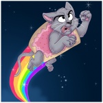 4_toes black_eyes black_nose border claws feet feral fist food fur grey_body grey_fur male nude open_mouth rainbow rainbow_arch rainbow_trail solo space tail toes whiskers anuvia nyan_cat_(copyright) pop-tarts nyan_cat domestic_cat felid feline felis food_creature hybrid mammal 1:1 meme