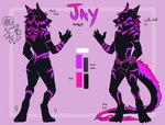 anthro color_swatch front_view fur fur_markings male markings multicolored_body patterns rear_view solo stripes tail text three-quarter_view mewmaru neondragonjay sergal character_name english_text full-length_portrait hi_res model_sheet portrait