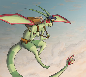 anthro back_wings backpack belt biped bottomless breasts clothed clothing cloud detailed_background eyewear female flying green_body hat headgear headwear horn looking_at_viewer markings mostly_nude nipples non-mammal_breasts non-mammal_nipples nude open_mouth open_smile pilot_hat plantigrade red_eyes red_markings scroll smile snout solo sunglasses tail topless wings stoneheron nintendo pokemon flygon generation_3_pokemon pokemon_(species) 2018 alternate_version_at_source colored shaded