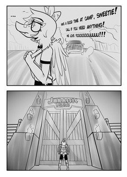 anthro backpack band-aid bandage bottomwear bow_(feature) car clothing dialogue door ellipsis eyelashes feathered_wings feathers female hair outside short_hair short_tail shorts snout solo tail text vehicle wings seven_(artist) cavemanon_studios jurassic_park snoot_game universal_studios amber_(snoot_game) prehistoric_species pterosaur reptile scalie 2023 black_and_white english_text hi_res monochrome