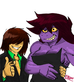 anthro arm_around_partner biceps big_breasts black_clothing black_eyes black_jacket black_topwear breasts brown_hair clenched_teeth clothing collared_shirt dress_shirt duo female fingers freckled_breasts freckled_face freckled_shoulders freckles front_view gesture green_clothing green_shirt green_topwear hair hair_over_eyes hand_gesture human_on_anthro humanoid_hands interspecies jacket larger_anthro larger_female long_hair male male/female medium_hair muscular muscular_anthro muscular_female naughty_face necktie non-mammal_breasts pointing pointing_at_viewer purple_body serratus shirt side_boob side_hug simple_background size_difference smaller_human smaller_male smile standing suit_jacket teeth text topwear white_background yellow_sclera conqueeflord deltarune undertale_(series) kris_dreemurr susie_(deltarune) human mammal scalie absurd_res artist_name colored hi_res