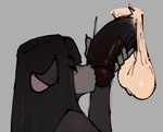 anthro balls biped black_body black_hair black_penis duo erection eyes_closed female genitals grey_background hair kissing male male/female penis penis_kissing saggy_balls simple_background tan_body esahma eesahma mammal 2023 hi_res