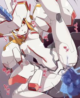 ambiguous_penetration blue_penis blush breasts duo female genitals machine male male/female not_furry open_mouth penetration penis solo_focus spread_legs spreading text kni-droid darling_in_the_franxx studio_trigger strelizia humanoid monster robot censored japanese_text mosaic_censorship
