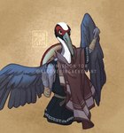 5_fingers anthro armband beak bent_arm black_clothing black_markings black_shirt black_topwear black_tunic blue_wings brown_armband brown_background brown_shawl closed_beak clothed clothed_anthro clothed_male clothing facial_markings feathered_wings feathers fighting_pose fingers furrowed_brow grey_beak head_markings light long_beak looking_at_viewer male male_anthro markings monk multicolored_body multicolored_feathers pose red_eyes red_markings shawl shirt simple_background solo text topwear tunic white_body white_feathers wings allenvooreef antigone_(recoveringrevenant) avian bird crane_(bird) gruiform 2024 artist_name colored digital_drawing_(artwork) digital_media_(artwork) english_description english_text hi_res lighting shaded