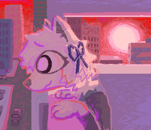 anthro car city cityscape detailed_background female fur road smile solo sun vehicle white_body white_fur demensa arctic_fox canid canine fox mammal true_fox 2025 digital_media_(artwork) hi_res pixel_(artwork)