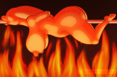 4_toes 5_fingers all_the_way_through anthro bdsm big_breasts black_background breasts butt character_prepared_as_food copyright_symbol death feet female female_death fingers fire impalement nipples penetration roasting_spit simple_background solo spitted symbol toes kris_h lagomorph leporid mammal rabbit 2015