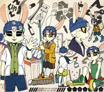 2019 5_fingers anthro black_eyeliner bosstariamuss bottomwear cleaning clothing eyeliner eyes_closed fingers footwear fur green_clothing green_shirt green_tank_top green_topwear happy headgear headwear hi_res japanese_text lagomorph leporid looking_at_viewer makeup male mammal open_mouth rabbit red_eyes sandals serious shirt shorts sitting solo tail tank_top text topwear white_body white_fur yellow_sclera