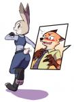 anthro blush bodily_fluids butt butt_pose clothed clothing duo female fur green_eyes grey_body grey_fur long_ears male orange_body orange_fur police police_uniform pose purple_eyes simple_background sweat sweatdrop uniform white_background paulgq disney zootopia judy_hopps nick_wilde canid canine fox lagomorph leporid mammal rabbit red_fox true_fox