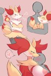 ambiguous_gender anthro areola big_breasts blush breasts duo evolutionary_family eyes_closed female fur hug huge_breasts interspecies nipples orange_body orange_fur pink_areola pink_nipples pokephilia red_eyes simple_background nojaaaaaaaarori nintendo pokemon braixen delphox fennekin generation_6_pokemon human mammal pokemon_(species) 2:3 absurd_res hi_res