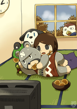 anthro chibi clock clothed clothing detailed_background eating electronics food group inside lying male on_side shirt slightly_chubby television topwear window 557 animal_crossing nintendo curt_(animal_crossing) frobert_(animal_crossing) villager_(animal_crossing) walker_(animal_crossing) amphibian avian canid canine canis domestic_dog frog human mammal 2017