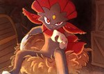 campfire crate ear_tuft female feral grin looking_at_viewer red_eyes sitting smile solo tuft moonpaw17 nintendo pokemon pokemon_mystery_dungeon spike_chunsoft lady_weavile generation_4_pokemon pokemon_(species) weavile colored hi_res