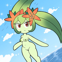 breasts eyelashes female genitals green_body green_hair green_nipples hair looking_at_viewer nipples nude orange_eyes palmorph plant solo mr_harinezumi palworld pocketpair elemental_creature elemental_humanoid flora_fauna humanoid lyleen_(pal) mammal pal_(species) plant_humanoid 1:1 absurd_res hi_res