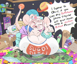 3d_glasses anthro big_breasts breasts cleavage clothed clothing dialogue eyewear eyewear_on_head female fur gesture glasses glasses_on_head hair half-closed_eyes hand_gesture huge_breasts jacket narrowed_eyes open_clothing open_jacket open_mouth open_topwear pink_body pink_hair pink_skin pointing pointing_at_viewer shirt solo speech_bubble t-shirt text topwear white_body white_fur dullvivid kimberly_(dullvivid) mammal mouse murid murine rodent english_text hi_res redraw
