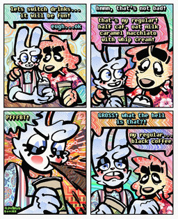 4_panel_comic aloha_shirt anthro beverage bow_tie cheek_spots cheek_tuft clothing coffee coffee_cup container cup dialogue duo facial_tuft floppy_ears fur half-closed_eyes male narrowed_eyes open_mouth open_smile overalls pattern_clothing pattern_shirt pattern_topwear shirt smile speech_bubble spitting_drink teeth text tooth_gap topwear tuft white_body white_fur wide_eyed yellow_body yellow_fur rawdawgcomics bingus_(rawdawgcomics) stahli_(rawdawgcomics) bird_dog canid canine canis domestic_dog golden_retriever hunting_dog lagomorph leporid mammal rabbit retriever comic english_text hi_res