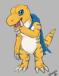 blue_eyes blue_stripes claws clothing male scales solo stripes yellow_body yellow_scales conditional_dnp vanzard bandai_namco digimon fan_character zi_the_agumon_x agumon_x digimon_(species) x-digimon hi_res