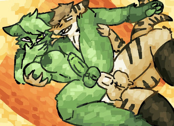 anal anal_penetration anthro anthro_on_anthro balls black_markings breast_grab breasts brown_hair clothing covering covering_mouth duo eye_roll fur genitals green_body green_eyes green_fur green_penis gynomorph gynomorph/male gynomorph_penetrated hair half-closed_eyes hand_on_breast holding_leg holding_leg_up intersex intersex/male intersex_penetrated legwear lying male male_penetrating male_penetrating_gynomorph male_penetrating_intersex markings multicolored_body narrowed_eyes pawpads paws penetration penile penile_penetration penis penis_in_ass raised_leg sex smile teeth_showing thigh_highs scaliescum irving_(wiwpai) jay_(wiry128) domestic_cat felid feline felis mammal