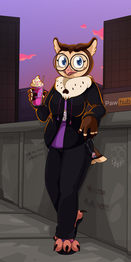 anthro beak beverage black_bottomwear black_claws black_clothing black_hoodie black_pants black_topwear blue_eyes blue_sclera bottomwear breasts brown_body brown_feathers building chain city claws clothed clothing dairy_products detailed_background eyelashes eyewear feather_hands feathers female food footwear freckles glasses graffiti holding_beverage holding_object hoodie neck_tuft non-mammal_breasts open_mouth outside pants pink_tongue pose purple_clothing purple_shirt purple_topwear sandals shirt shoes sky smile solo sunset tail tail_feathers tan_body tan_feathers text tongue topwear tuft whipped_cream white_body white_feathers vorechestra mario_bros nintendo pornhub fan_character loopy_tuberose avian bird owl pink_yoshi yoshi 2021 absurd_res cel_shading digital_drawing_(artwork) digital_media_(artwork) english_text hi_res pinup shaded