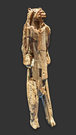 anthro figurine ivory_(material) male prehistoric real sculpture simple_background solo unknown_artist lowenmensch felid lion mammal pantherine absurd_res ancient_art hi_res