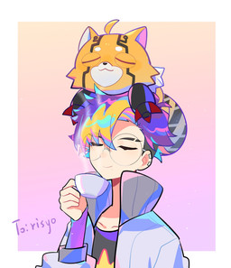 anthro beverage container cup cybernetics duo eyewear female fur glasses hair machine male multicolored_hair orange_body orange_fur satisfied_look smile striped_body striped_fur stripes tea tea_cup mar22826683 bandai_namco digimon digimon_beatbreak tomoro_tenma cyborg digimon_(species) human mammal pristimon hi_res