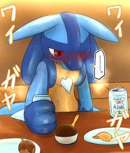ambiguous_gender anthro blue_body blue_fur blush bodily_fluids drunk food fur one_eye_closed red_eyes solo substance_intoxication sweat tears text yellow_body yellow_fur chigiri asahi_group_holdings_ltd asahi_super_dry nintendo pokemon canid canine generation_4_pokemon lucario mammal pokemon_(species) 2017 digital_media_(artwork) hi_res japanese_text