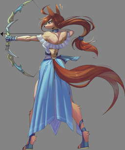 ahoge anthro archer arrow_(weapon) athletic athletic_female backless_dress bare_shoulders black_nose blue_clothing blue_dress bow_(weapon) breasts brown_hair brown_tail clothing dress eyebrow_through_hair eyebrows eyelashes female fingerless_gloves footwear gloves grey_background hair handwear holding_bow_(weapon) holding_object holding_ranged_weapon holding_weapon long_hair long_tail medium_breasts ranged_weapon shoes simple_background solo standing tail translucent translucent_hair weapon psibunny canid canine fox mammal 2025 absurd_res hi_res