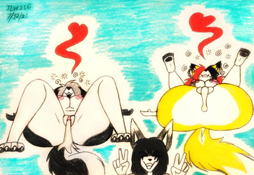after_sex afterglow anthro areola big_butt black_body black_fur black_hair black_nose bodily_fluids breasts butt competition cross cum cum_from_vagina cum_in_vagina cum_inside duo_focus ear_piercing female female_focus ffm fluffy fluffy_tail fur genital_fluids genitals gesture grey_hair grin group hair hand_gesture heart_symbol leaking_cum looking_pleasured lying male male/female multicolored_body multicolored_fur multicolored_hair nipple_piercing nipples on_back open_mouth open_smile paws piercing smile spiral tail text trio two_tone_body two_tone_fur two_tone_hair v_sign vulva white_body white_fur yellow_body yellow_fur theloanwanderer216 hellaverse helluva_boss mythology loona_(helluva_boss) malice_(rukaisho) timblackfox_(character) canid canid_demon canine demon felid fox hellhound mammal mythological_canine mythological_creature 2021 dated english_text hi_res signature traditional_media_(artwork)