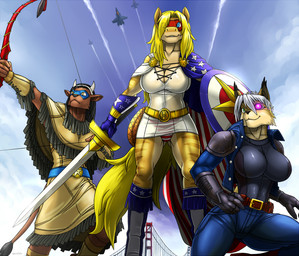 anthro black_hair blonde_hair blue_eyes bow_(weapon) breasts brown_body brown_fur cape clothed clothing detailed_background female fluffy fluffy_tail fur gloves green_eyes group hair handwear holding_object holding_weapon male mask melee_weapon multicolored_body open_mouth open_smile partially_clothed ranged_weapon shield smile superhero sword tail teeth two_tone_body weapon white_hair yellow_body yellow_eyes link2004 canid canine canis equid equine felid feline horse lynx mammal wolf digital_media_(artwork) hi_res shaded