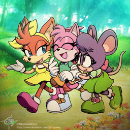 accessory bottomwear clothing dress eyelashes eyes_closed eyewear female footwear fur glasses gloves group hair_accessory hair_ribbon handwear orange_body orange_fur pink_body pink_fur purple_body purple_fur ribbons shoes skirt tail trio walking ablugreen classic_sonic_(universe) sega sonic_the_hedgehog_(comics) sonic_the_hedgehog_(series) sonic_the_hedgehog_(shogakukan) amy_rose classic_amy_rose monica_(sonic_shogakukan) patty_(sonic) canid canine eulipotyphlan fox hedgehog mammal mouse murid murine rodent 1:1