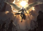 armor building feathered_wings feathers female flying group hair melee_weapon polearm spread_wings sun weapon white_eyes white_hair wings jason_chan hasbro magic:_the_gathering wizards_of_the_coast avacyn angel official_art