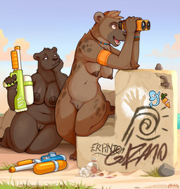 anthro areola armband big_breasts binoculars biped bracelet breasts casual_nudity claws cloud day duo feet female fingers front_view genitals hair jewelry kneeling medium_breasts navel necklace nipples nude nude_anthro nude_female outside overweight overweight_anthro overweight_female sky smile spots standing teeth thick_thighs toes tongue toy toy_gun vulva water_gun wide_hips loimu bear hyena mammal spotted_hyena 2026 absurd_res digital_drawing_(artwork) digital_media_(artwork) hi_res