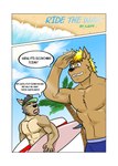 2_panel_comic abs anthro athletic athletic_anthro athletic_male beach black_hair blonde_hair blue_bottomwear blue_clothing blue_eyes blue_shorts bottomwear brown_body brown_fur clothed clothing cloud coconut day dialogue drupe_(fruit) duo food fruit fur hair hand_on_forehead hat headgear headwear holding_object male muscular muscular_anthro muscular_male nipples outside palm_tree plant profanity sand seaside shading_eyes shorts sky smile smirk sun surfboard text topless topless_anthro topless_male tree visor_cap vju79 guss_(vju79) roj_(vju79) canid canine canis domestic_dog mammal wolf comic english_text hi_res