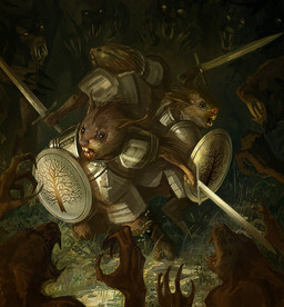 angry anthro armor brown_body brown_fur buckteeth claws fur grass group holding_melee_weapon holding_object holding_shield holding_sword holding_weapon male melee_weapon plant plate_armor shield standing sword teeth weapon bartlomiej_gawel poxnora sony_corporation canid mammal rodent digital_media_(artwork) hi_res official_art