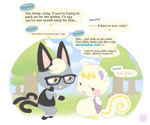 anthro bloated blonde_hair bodily_fluids bottomless bottomless_anthro bottomless_male clothed clothing dialogue embarrassed eyewear flying_sweatdrops fur glasses grey_body grey_fur hair heterochromia inflated_belly male male/male male_pred male_prey oral_vore overweight overweight_anthro overweight_male pattern_background reformation safe_vore shirt simple_background soft_vore speech_bubble sweat sweatdrop tail tail_motion tailwag text topwear unbuttoned_shirt vore wearing_glasses yellow_body yellow_fur conduitcore animal_crossing nintendo marshal_(animal_crossing) raymond_(animal_crossing) domestic_cat felid feline felis mammal rodent sciurid tree_squirrel 2023 english_text pastel_theme sequence