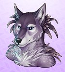 black_nose blue_eyes brown_body brown_fur feathers fur smile solo inkmaven canid canine canis hybrid mammal wolf 2020 digital_media_(artwork) headshot_portrait portrait